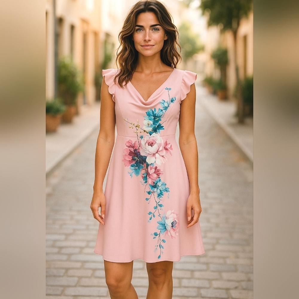 Ted Baker Floral Pink Dress With Scallop Neckline